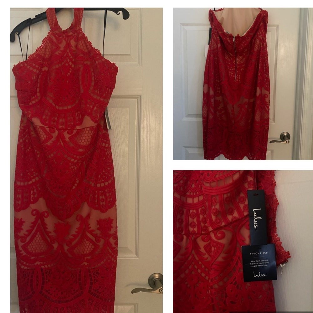 Red lace midi dress